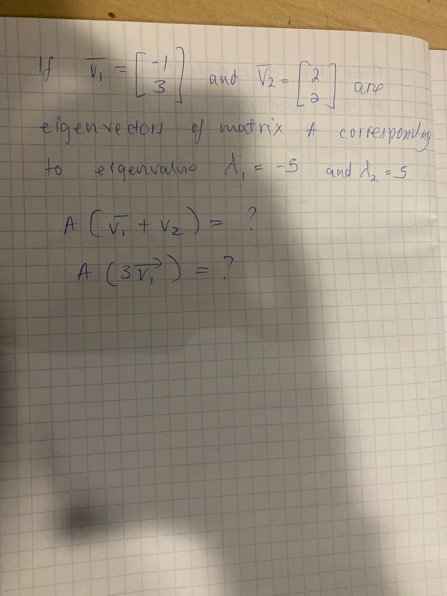 and Vz - 2
arp
eigenved
ors pf motrx A cor fespontng
to
ergenvalno d, = -5
and do =5
A (vi + Vz ) =
to
A (sT; ) = ?
