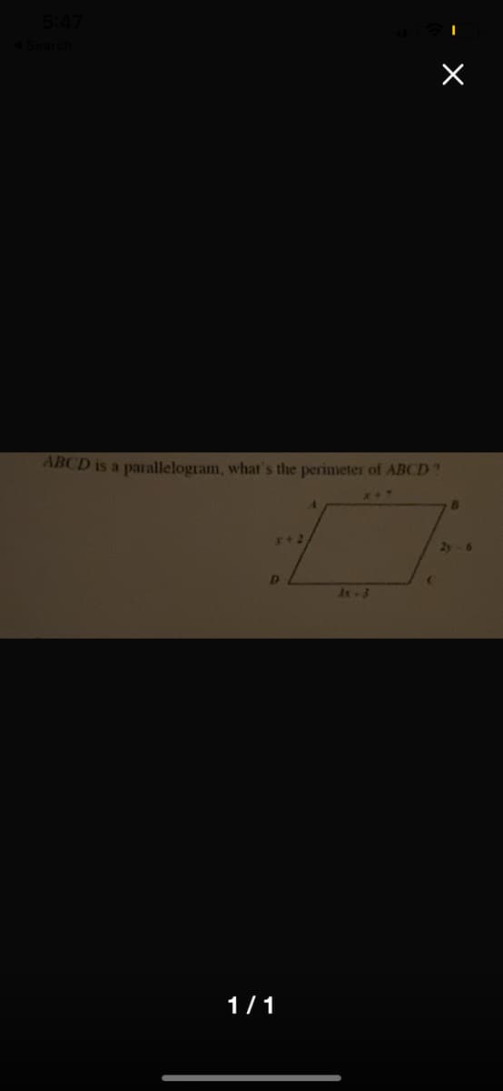ABCD is a parallelogram, what's the perimeter of ABCD?
s+2
2y
Jx- 3
1/1
