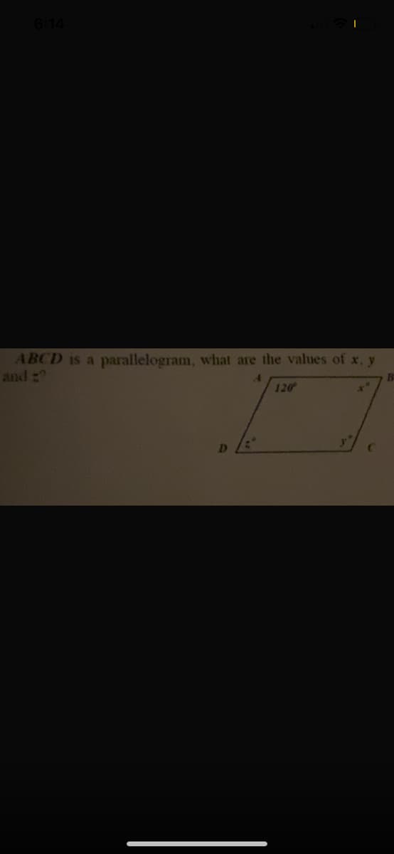 6:14
ABCD is a parallelogram, what are the values of x, y
and :
120
D
