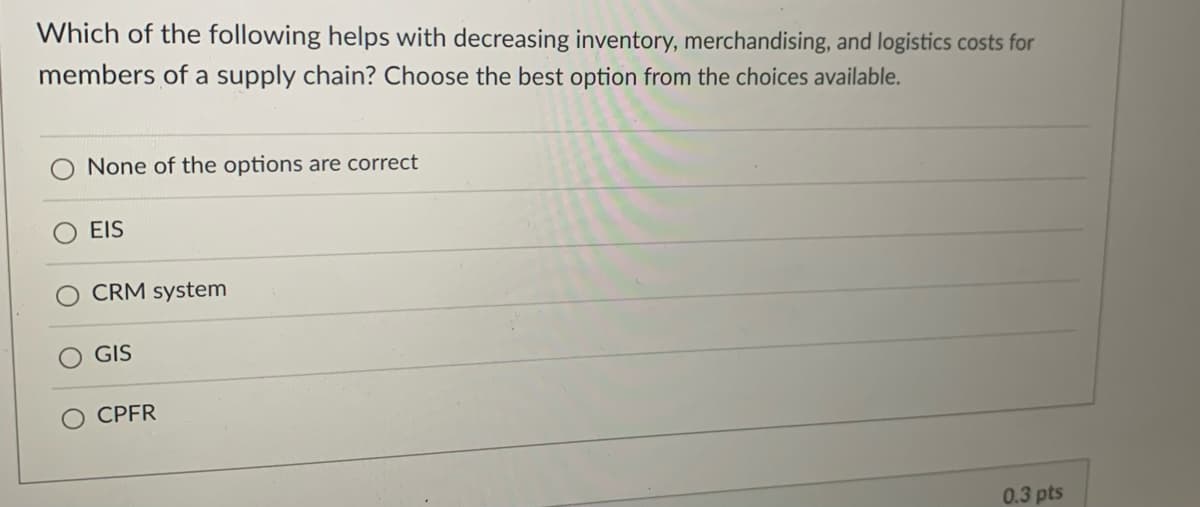 Which of the following helps with decreasing inventory, merchandising, and logistics costs for
members of a supply chain? Choose the best option from the choices available.
None of the options are correct
EIS
CRM system
GIS
CPFR
0.3 pts