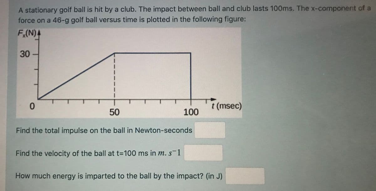 A stationary golf ball is hit by a club. The impact between ball and club lasts 100ms. The x-component of a
force on a 46-g golf ball versus time is plotted in the following figure:
F(N)4
30
t (msec)
50
100
Find the total impulse on the ball in Newton-seconds
Find the velocity of the ball at t=100 ms in m. s-1
How much energy is imparted to the ball by the impact? (in J)
