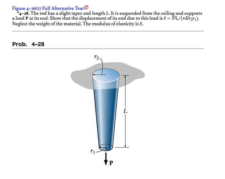 Figure 4-26/27 Full Alternative Text
*4-28. The rod has a slight taper and length L. It is suspended from the ceiling and supports
a load P at its end. Show that the displacement of its end due to this load is 8 = PL/(TET ₂1).
Neglect the weight of the material. The modulus of elasticity is E.
Prob. 4-28
12.
11
P
L