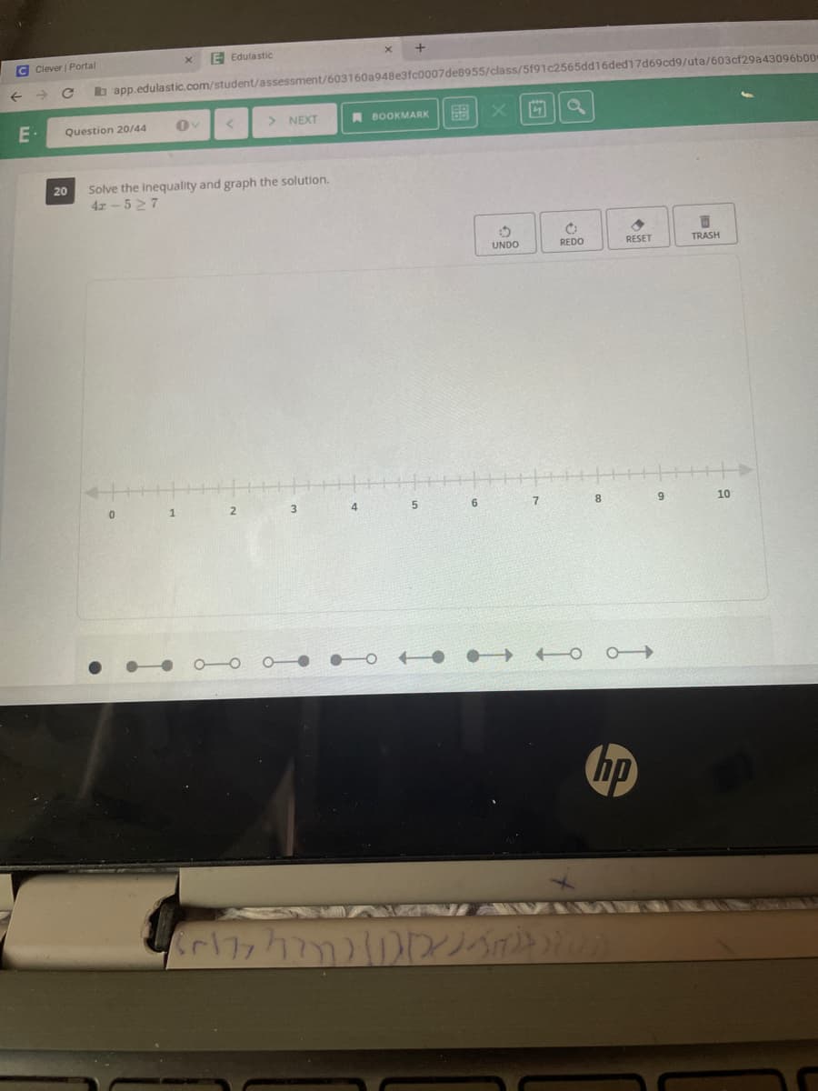 E Edulastic
C Clever | Portal
b app.edulastic.com/student/assessment/603160a948e3fc0007de8955/class/5f91c2565dd16ded17d69cd9/uta/603cf29a43096b00
> NEXT
BOOKMARK
E·
Question 20/44
Solve the inequality and graph the solution.
4z-527
20
UNDO
REDO
RESET
TRASH
4.
7
8.
9.
10
hp
