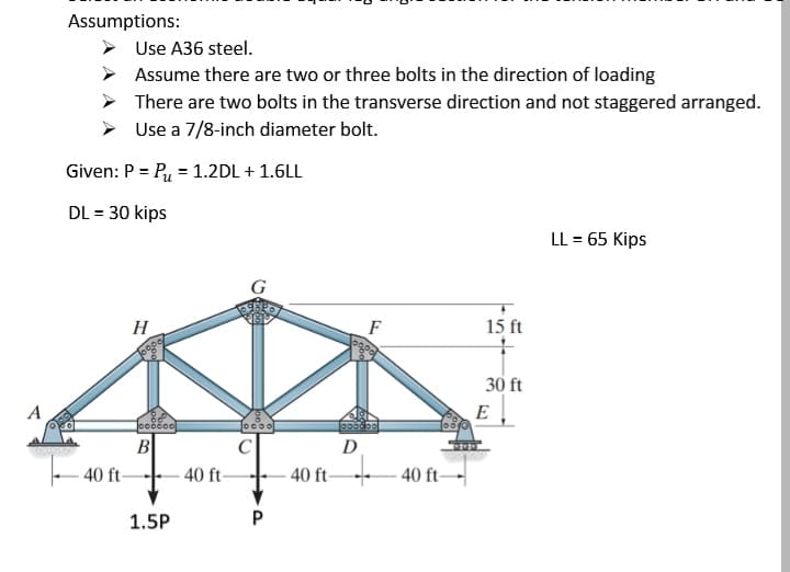 Assumptions:
Given: P = P₁ = 1.2DL + 1.6LL
DL = 30 kips
H
40 ft-
Use A36 steel.
Assume there are two or three bolts in the direction of loading
There are two bolts in the transverse direction and not staggered arranged.
Use a 7/8-inch diameter bolt.
LL = 65 Kips
oooooo
B
..
1.5P
40 ft-
oooo
C
P
F
0800
D
-40 ft 40 ft
15 ft
30 ft
E