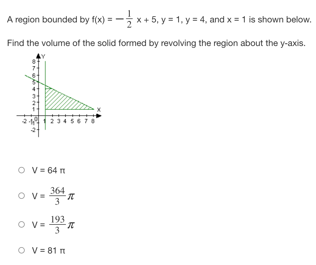 A region bounded by f(x)
8
7
6
Find the volume of the solid formed by revolving the region about the y-axis.
5
4
3
2
1
X
-2-11 1 2 3 4 5 6 7 8
-2
O V = 64
V =
V =
364
3
193
3
OV=81
TU
=
T
-1/2 x
x + 5, y = 1, y = 4, and x = 1 is shown below.