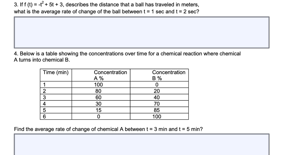 3. If f (t) = -t + 5t + 3, describes the distance that a ball has traveled in meters,
what is the average rate of change of the ball between t = 1 sec and t = 2 sec?
4. Below is a table showing the concentrations over time for a chemical reaction where chemical
A turns into chemical B.
Time (min)
Concentration
Concentration
A %
100
В %
1
2
80
20
60
40
4
30
70
15
85
100
Find the average rate of change of chemical A between t = 3 min and t = 5 min?
56
