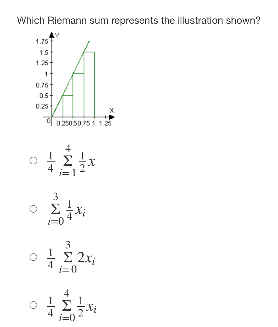 Which Riemann sum represents the illustration shown?
1.75
1.5
1.25+
1-
0.75
0.5+
0.25+
X
Ul 0.25050.751 1.25
X-
3
i=0
1 E 2x;
4
i=0
