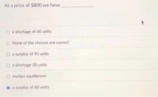At a price of $800 we have
O a shortage of 60 units
O None of the choices are correct
O a surplus of 90 units
O a shortage 30 units
O market equilibrium
a surplus of 60 units
