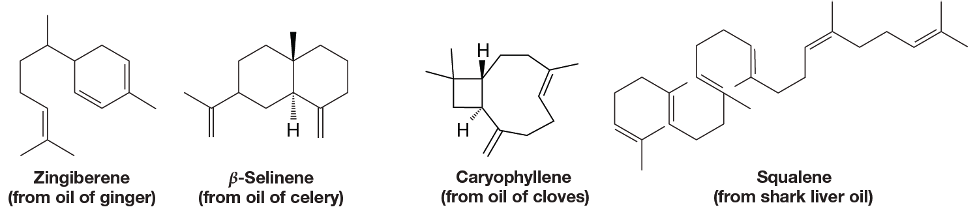 H
Zingiberene
(from oil of ginger)
B-Selinene
(from oil of celery)
Caryophyllene
(from oil of cloves)
Squalene
(from shark liver oil)

