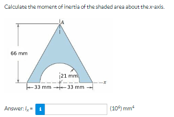 Calculate the moment of inertia of the shaded area about the x-axis.
66 mm
21 mm
+33 mm -33 mm
Answer: I₂ = 1
(106) mm²