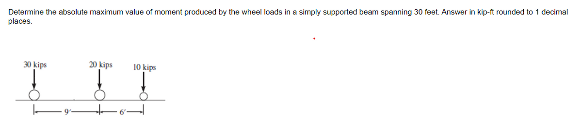 Determine the absolute maximum value of moment produced by the wheel loads in a simply supported beam spanning 30 feet. Answer in kip-ft rounded to 1 decimal
places.
30 kips
20 kips
10 kips
