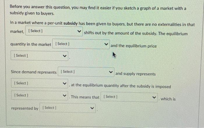 Before you answer this question, you may find it easier if you sketch a graph of a market with a
subsidy given to buyers.
In a market where a per-unit subsidy has been given to buyers, but there are no externalities in that
market, I Select]
shifts out by the amount of the subsidy. The equilibrium
quantity in the market Select ]
and the equilibrium price
[ Select ]
Since demand represents I Select ]
and supply represents
| Select )
at the equilibrium quantity after the subsidy is imposed
| Select )
This means that I Select |
. which is
represented by I Select ]
