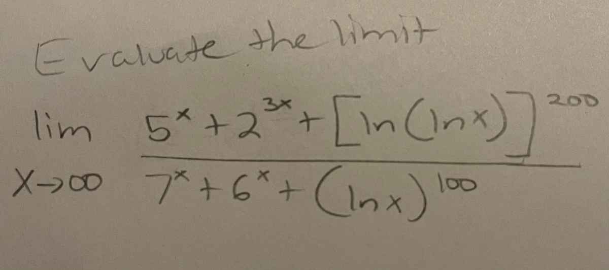 Evaluate the limit
lim 5 +ズ+ [mCn))
X→0 プ+6+ (ox)
3x
20D
5*+2
X-200
100

