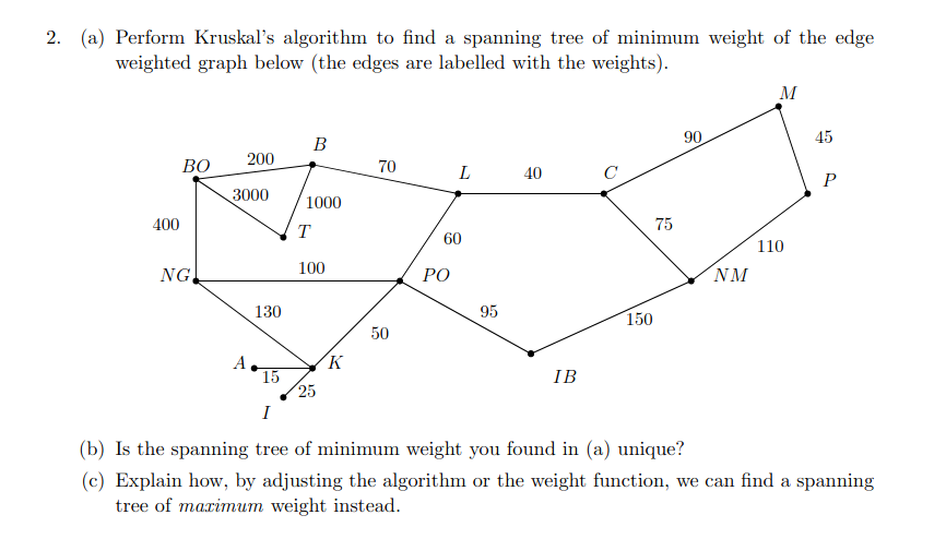 2. (a) Perform Kruskal's algorithm to find a spanning tree of minimum weight of the edge
weighted graph below (the edges are labelled with the weights).
M
B
90
45
ВО
200
70
L
40
C
P
3000
1000
400
75
T
60
110
100
NG
РО
NM
130
95
150
50
K
A
15
25
IB
I
(b) Is the spanning tree of minimum weight you found in (a) unique?
(c) Explain how, by adjusting the algorithm or the weight function, we can find a spanning
tree of marimum weight instead.
