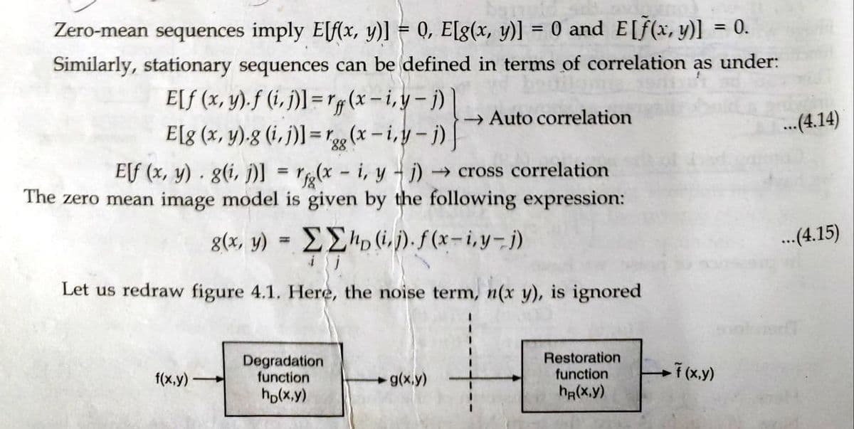 Zero-mean sequences imply Elf(x, y)] = 0, E[g(x, y)] = 0 and E[f(x, y)] = 0.
%3D
Similarly, stationary sequences can be defined in terms of correlation as under:
E[f (x, y).f (i, j)]= rg (x-i,y-j)]
E[g (x, y).g (i, j)] =rg (x - i, y- j)
→ Auto correlation
...(4.14)
Elf (x, y) · 8(i, i = r(x - i, y - j) → cross correlation
The zero mean image model is given by the following expression:
%3D
g(x, y) = E£'p (i, j). f (x = i, y- j)
...(4.15)
Let us redraw figure 4.1. Here, the noise term, n(x y), is ignored
Degradation
function
Restoration
function
ha(x.y)
7(x,y)
f(x,y) -
g(x.y)
hp(x,y)
