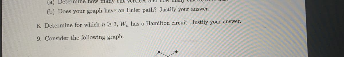 (a) Determine how many cut
(b) Does your graph have an Euler path? Justify your answer.
8. Determine for which n > 3, Wn has a Hamilton circuit. Justify your answer.
9. Consider the following graph.
