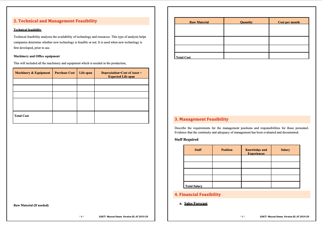 2. Technical and Management Feasibility
Cost per month
Raw Material
Quantity
Technical feasibility
Technical feasibility analyzes the availability of technology and resources. This type of analysis helps
companies determine whether new technology is feasible or not. It is used when new technology is
first developed, prior to use.
Machinery and Office equipment
Total Cost
This will included all the machinery and equipment which is needed in the production,
Machinery & Equipment
Purchase Cost
Life span
Depreciation=Cost of Asset +
Expected Life span
Total Cost
3. Management Feasibility
Describe the requirements for the management positions and responsibilities for those personnel.
Evidence that the continuity and adequacy of management has been evaluated and documented.
Staff Required
Knowledge and
Experiences
Staff
Position
Salary
Total Salary
4. Financial Feasibility
Raw Material (If needed)
a. Sales Forecast
4
OHCT- Muscat Oman. Version III AY 2019-20
OHCT- Muscat Oman. Version IIL AY 2019-20
