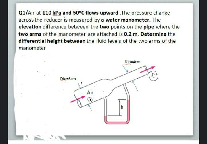 Q1/Air at 110 kPa and 50°C flows upward .The pressure change
across the reducer is measured by a water manometer. The
elevation difference between the two points on the pipe where the
two arms of the manometer are attached is 0.2 m. Determine the
differential height between the fluid levels of the two arms of the
manometer
Dia=4cm
Dia=6cm
Air
