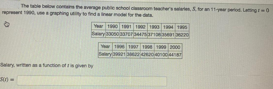 The table below contains the average public school classroom teacher's salaries, S, for an 11-year period. Letting t = 0
represent 1990, use a graphing utility to find a linear model for the data.
Year 1990 1991 1992 1993 1994 1995
Salary 33050 33707 34475 37108 35691 36220
Year 1996 1997 1998 1999 2000
Salary 39921 38622 42620 40100 44187
Salary, written as a function of t is given by
F(1) =
