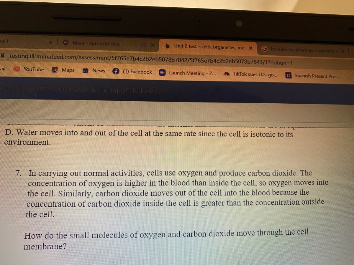 od 1
Meet- zpn-oxtp-bxu
Unit 2 test - cells, organelles, mer X
G In order to deteminie how cells rx
A testing.illuminateed.com/assessment/5f765e7b4c2b2eb5078b7842/5f765e7b4c2b2eb5078b7843/1?rldbqn=1
ail
YouTube
Maps
O News
(1) Facebook
Launch Meeting - Z...
TikTok sues U.S. go...
i! Spanish Present Pro...
embrane, transport fall 2020
D. Water moves into and out of the cell at the same rate since the cell is isotonic to its
environment.
7. In carrying out normal activities, cells use oxygen and produce carbon dioxide. The
concentration of oxygen is higher in the blood than inside the cell, so oxygen moves into
the cell. Similarly, carbon dioxide moves out of the cell into the blood because the
concentration of carbon dioxide inside the cell is greater than the concentration outside
the cell.
How do the small molecules of oxygen and carbon dioxide move through the cell
membrane?
