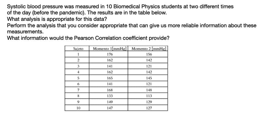 Systolic blood pressure was measured in 10 Biomedical Physics students at two different times
of the day (before the pandemic). The results are in the table below.
What analysis is appropriate for this data?
Perform the analysis that you consider appropriate that can give us more reliable information about these
measurements.
What information would the Pearson Correlation coefficient provide?
Sujeto
Momento 1[mmHg] Momento 2 [mmHg]]
176
156
162
142
3
141
121
4
162
142
165
145
6.
141
121
7
168
148
8.
133
113
9.
149
129
10
147
127
