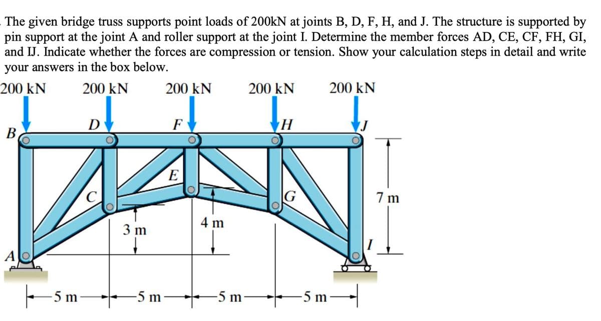 The given bridge truss supports point loads of 200kN at joints B, D, F, H, and J. The structure is supported by
pin support at the joint A and roller support at the joint I. Determine the member forces AD, CE, CF, FH, GI,
and IJ. Indicate whether the forces are compression or tension. Show your calculation steps in detail and write
your answers in the box below.
200 kN
200 kN
200 kN
200 kN
200 kN
D
F
В
E
7 m
4 m
3 m
-5 m
-5 m
5 m
-5 m
