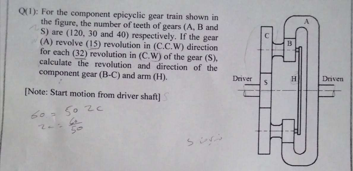 Q(1): For the component epicyclic gear train shown in
the figure, the number of teeth of gears (A, B and
S) are (120, 30 and 40) respectively. If the gear
(A) revolve (15) revolution in (C.C.W) direction
for each (32) revolution in (C.W) of the gear (S),
calculate the revolution and direction of the
component gear (B-C) and arm (H).
Driver
H
Driven
[Note: Start motion from driver shaft]S
60.= 50 2c
50

