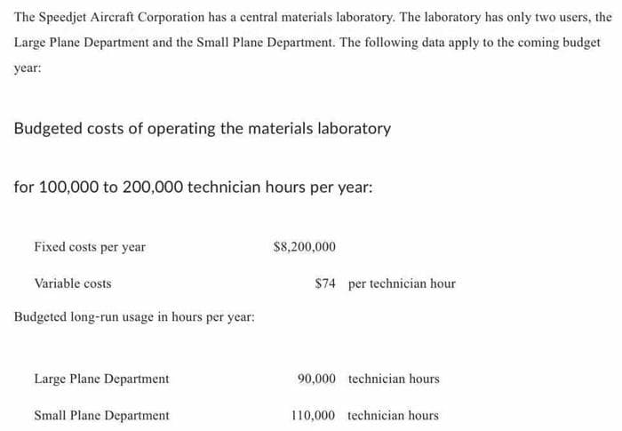 The Speedjet Aircraft Corporation has a central materials laboratory. The laboratory has only two users, the
Large Plane Department and the Small Plane Department. The following data apply to the coming budget
year:
Budgeted costs of operating the materials laboratory
for 100,000 to 200,000 technician hours per year:
Fixed costs per year
$8,200,000
Variable costs
Budgeted long-run usage in hours per year:
Large Plane Department
Small Plane Department
$74 per technician hour
90,000 technician hours
110,000 technician hours