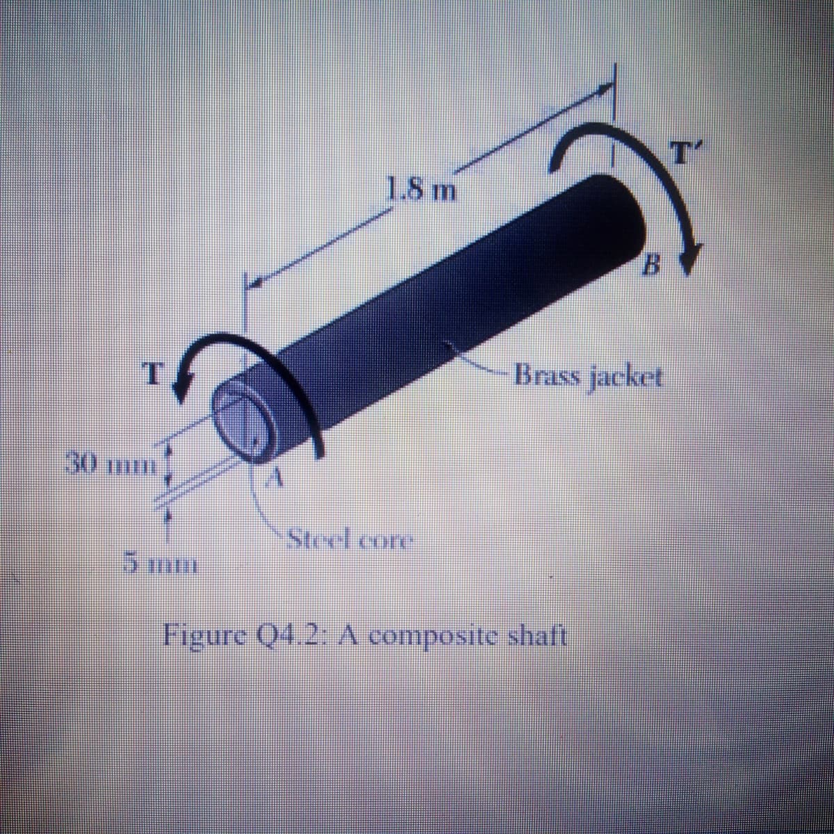 T
1.8 m
T
Brass jacket
30 mu
Steel core
கமm
Figure Q4.2: A composite shaft
