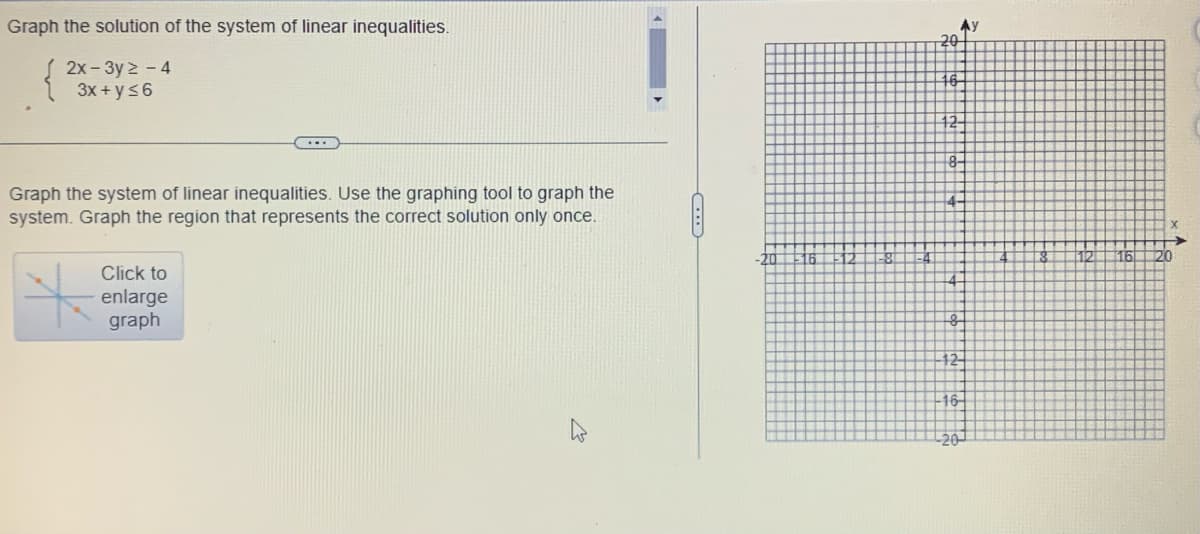 Graph the solution of the system of linear inequalities.
2x-3y2-4
3x+y≤6
Graph the system of linear inequalities. Use the graphing tool to graph the
system. Graph the region that represents the correct solution only once.
*
....
Click to
enlarge
graph
-20
20
Ay
12 16
20