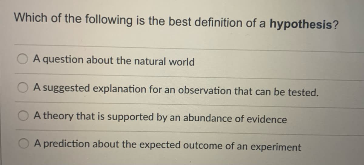 Which of the following is the best definition of a hypothesis?
A question about the natural world
A suggested explanation for an observation that can be tested.
A theory that is supported by an abundance of evidence
A prediction about the expected outcome of an experiment
