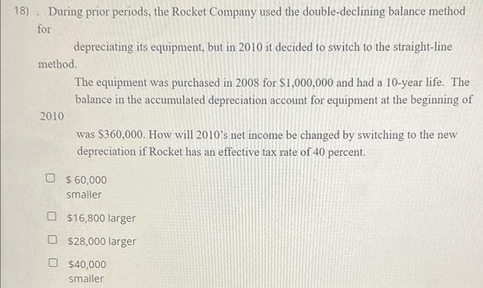 18) . During prior periods, the Rocket Company used the double-declining balance method
for
depreciating its equipment, but in 2010 it decided to switch to the straight-line
method.
The equipment was purchased in 2008 for $1,000,000 and had a 10-year life. The
balance in the accumulated depreciation account for equipment at the beginning of
2010
was $360,000. How will 2010's net income be changed by switching to the new
depreciation if Rocket has an effective tax rate of 40 percent.
O $ 60,000
smaller
O $16,800 larger
O $28,000 larger
O $40,000
smaller
