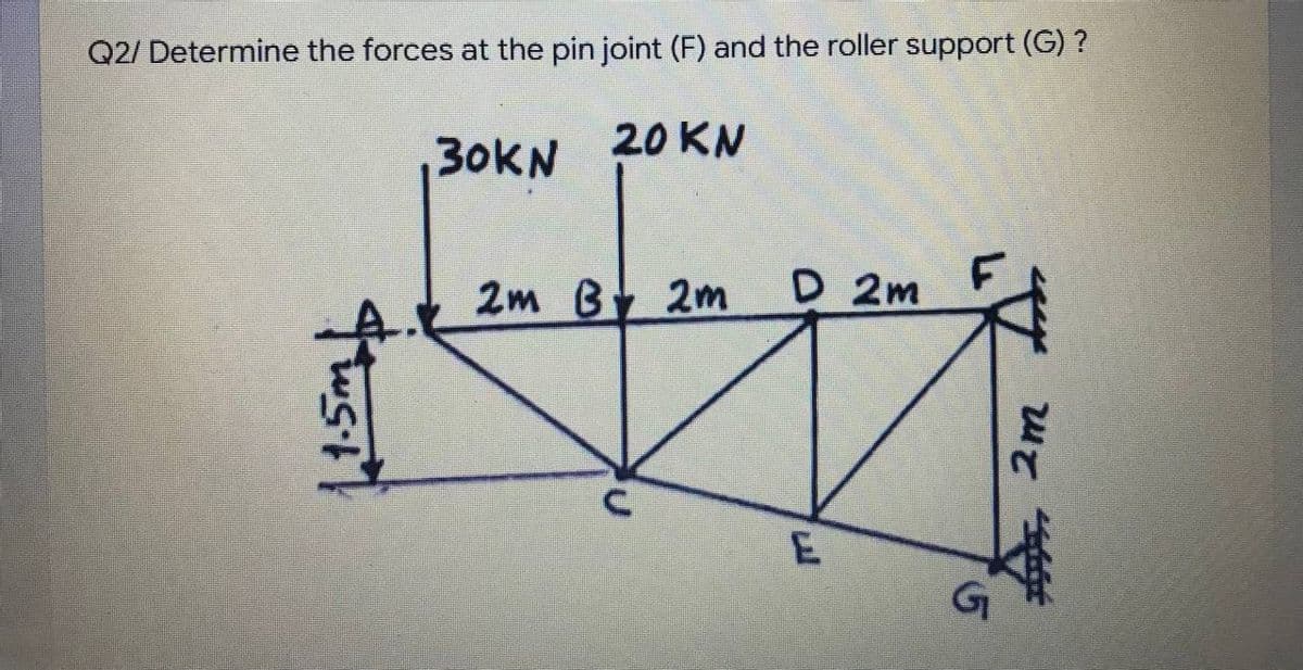 Q2/ Determine the forces at the pin joint (F) and the roller support (G) ?
20 KN
30KN
2m B 2m
D 2m
E.
