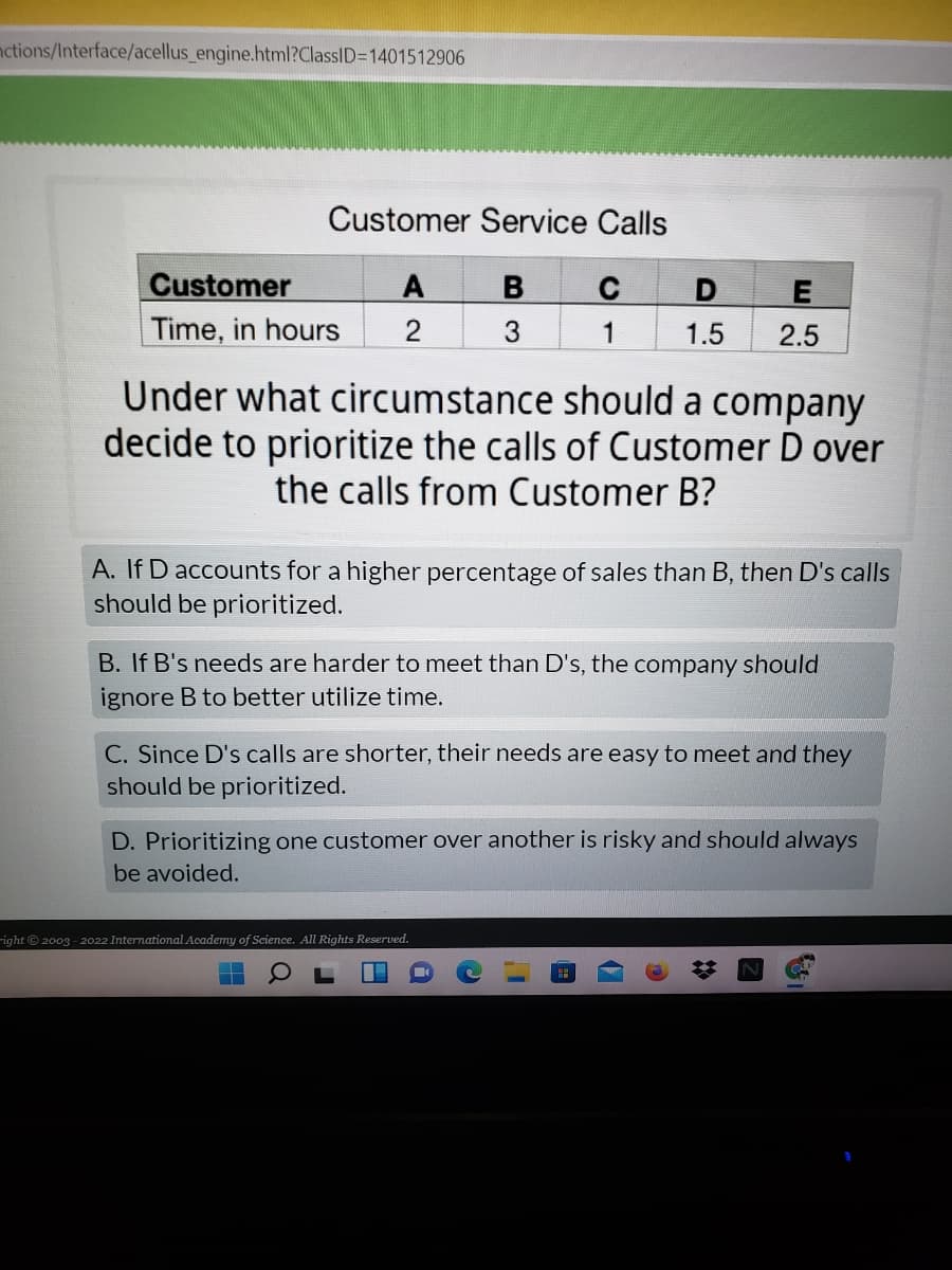 nctions/Interface/acellus_engine.html?ClassID=D1401512906
Customer Service Calls
Customer
A
C
Time, in hours
3
1
1.5
2.5
Under what circumstance should a company
decide to prioritize the calls of Customer D over
the calls from Customer B?
A. If D accounts for a higher percentage of sales than B, then D's calls
should be prioritized.
B. If B's needs are harder to meet than D's, the company should
ignore B to better utilize time.
C. Since D's calls are shorter, their needs are easy to meet and they
should be prioritized.
D. Prioritizing one customer over another is risky and should always
be avoided.
right © 2003 - 2022 International Academy of Science. All Rights Reserved.
%2:
