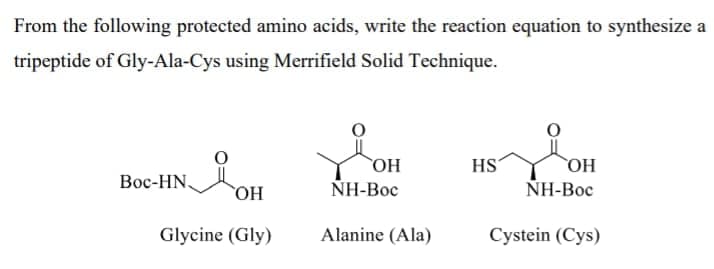 From the following protected amino acids, write the reaction equation to synthesize a
tripeptide of Gly-Ala-Cys using Merrifield Solid Technique.
HO
NH-Bос
OH
HS
Вос-HN.
NH-Boc
OH
Glycine (Gly)
Alanine (Ala)
Cystein (Cys)
