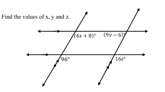 %23
Find the values of x, y and z.
(4x + 8)°
(9у — 67
96°
16z°
