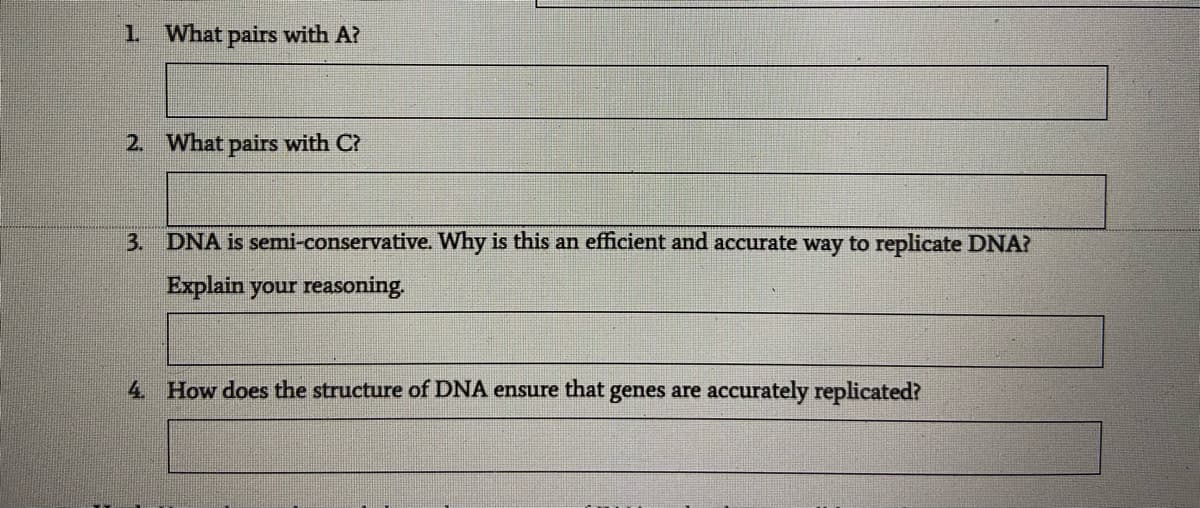 1 What pairs with A?
2. What pairs with C?
3. DNA is semi-conservative. Why is this an efficient and accurate way to replicate DNA?
Explain your reasoning.
4. How does the structure of DNA ensure that genes are accurately replicated?
