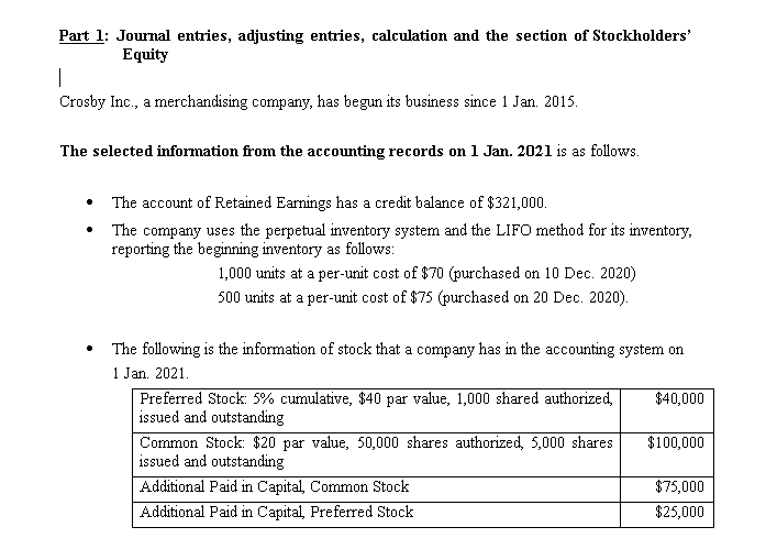 Part 1: Journal entries, adjusting entries, calculation and the section of Stockholders'
Equity
|
Crosby Inc., a merchandising company, has begun its business since 1 Jan. 2015.
The selected information from the accounting records on 1 Jan. 2021 is as follows.
The account of Retained Earnings has a credit balance of $321,000.
The company uses the perpetual inventory system and the LIFO method for its inventory,
reporting the beginning inventory as follows:
1,000 units at a per-unit cost of $70 (purchased on 10 Dec. 2020)
500 units at a per-unit cost of $75 (purchased on 20 Dec. 2020).
The following is the information of stock that a company has in the accounting system on
1 Jan. 2021.
Preferred Stock: 5% cumulative, $40 par value, 1,000 shared authorized,
issued and outstanding
$40,000
Common Stock: $20 par value, 50,000 shares authorized, 5,000 shares
issued and outstanding
$100,000
Additional Paid in Capital, Common Stock
$75,000
Additional Paid in Capital, Preferred Stock
$25,000
