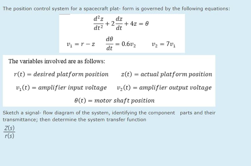 The position control system for a spacecraft plat- form is governed by the following equations:
d?z
dz
+ 2 + 4z = 0
dt2
dt
de
Vị = r – z
= 0.6v2
dt
vz = 7v,
The variables involved are as follows:
r(t) = desired platform position
z(t) = actual platform positiom
v,(t) = amplifier input voltage
v2 (t) = amplifier output voltage
e(t) = motor shaft position
Sketch a signal- flow diagram of the system, identifying the component parts and their
transmittance; then determine the system transfer function
Z(s)
r(s)
