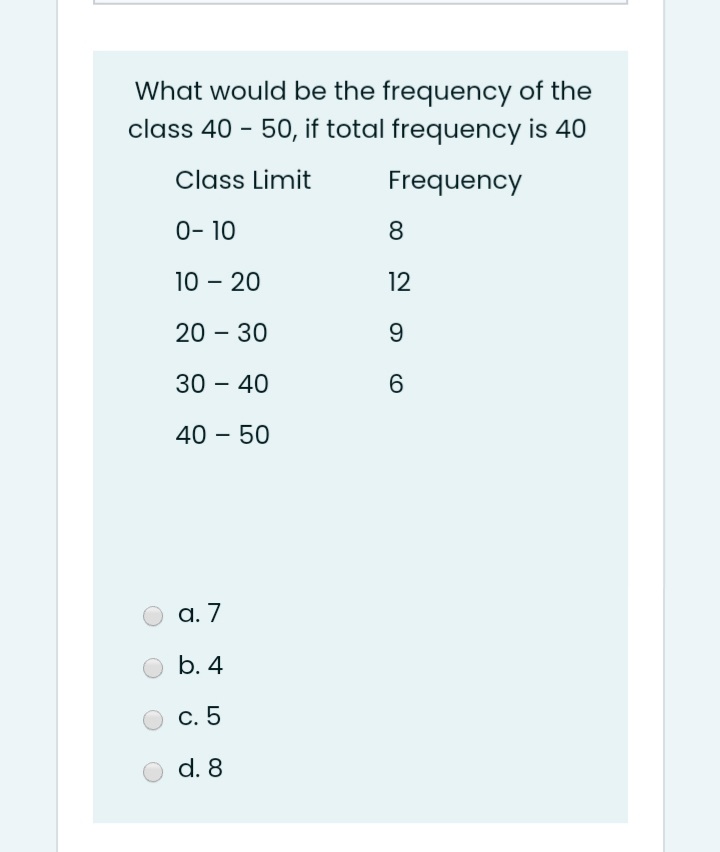 What would be the frequency of the
class 40 - 50, if total frequency is 40
Class Limit
Frequency
0- 10
8.
10 – 20
12
20 - 30
9.
30 – 40
-
40 – 50
а. 7
b. 4
С. 5
d. 8
