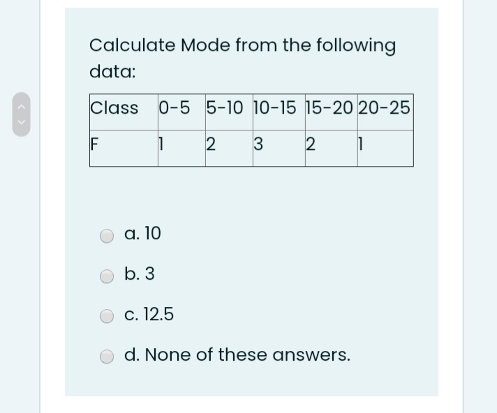 Calculate Mode from the following
data:
Class 0-5 5-10 10-15 15-20 20-25
F
2
a. 10
b. 3
С. 12.5
d. None of these answers.
