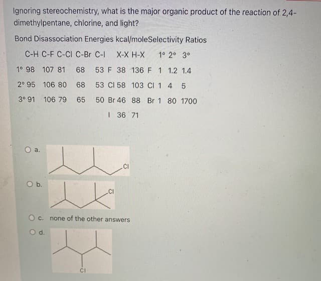 Ignoring stereochemistry, what is the major organic product of the reaction of 2,4-
dimethylpentane, chlorine, and light?
Bond Disassociation Energies kcal/moleSelectivity Ratios
C-H C-F C-CI C-Br C-I
X-X H-X
1° 2° 3°
1° 98 107 81 68 53 F 38 136 F 1 1.2 1.4
2° 95 106 80 68 53 CI 58 103 CI 1 4 5
3° 91 106 79 65 50 Br 46 88 Br 1 80 1700
| 36 71
O b.
O c. none of the other answers
d.
