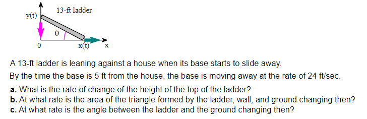 13-ft ladder
y(t)
x(t)
A 13-ft ladder is leaning against a house when its base starts to slide away.
By the time the base is 5 ft from the house, the base is moving away at the rate of 24 ft/sec.
a. What is the rate of change of the height of the top of the ladder?
b. At what rate is the area of the triangle formed by the ladder, wall, and ground changing then?
c. At what rate is the angle between the ladder and the ground changing then?
