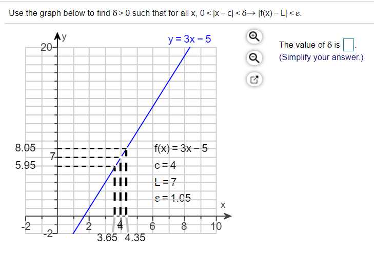 Use the graph below to find 8 > 0 such that for all x, 0 < |x - c| < 8→ |f(x) – L| < E.
Ay
20구
y = 3x - 5
The value of & is
(Simplify your answer.)
8.05
7-
5.95
f(x) = 3x-5
c=4
L=7
s = 1.05
10
-2
-2-
3.65 4.35
