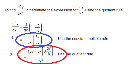 d²y
differentiate the expression for
dy
using the quotient rule.
To find
dx2
d?y
d
5x
dx2 - dx
Зу
d ( 5x
dx ( 3y
1
Use the constant multiple rule.
dy
15у - 5x| 3-
dx
Use he quotient rule.
9y2
||
2.
