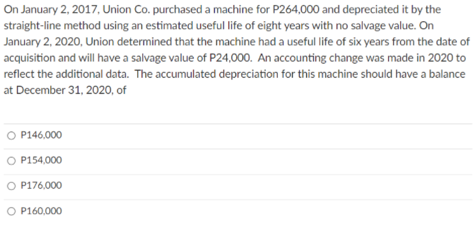 On January 2, 2017, Union Co. purchased a machine for P264,000 and depreciated it by the
straight-line method using an estimated useful life of eight years with no salvage value. On
January 2, 2020, Union determined that the machine had a useful life of six years from the date of
acquisition and will have a salvage value of P24,000. An accounting change was made in 2020 to
reflect the additional data. The accumulated depreciation for this machine should have a balance
at December 31, 2020, of
O P146,000
O P154,000
O P176,000
O P160,000
