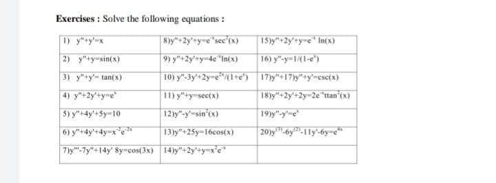 Exercises : Solve the following equations :
1) y"ty-x
8)y"+2y'+y=e"sec*(x)
15)y"+2y'+y-e* In(x)
2) y"+y=sin(x)
9) y"+2y'+y=4e"In(x)
16) y"-y=1/(1-e")
3) y"+y'- tan(x)
10) y"-3y'+2y-e"/(1+e") 17)y"+17)y"+y-csc(x)
4) y"+2y'+y=e"
11) y"+y=sec(x)
18)y"+2y+2y=2e"ttan (x)
5) y"+4y'+5y-10
12)y"-y-sin'(x)
19)y"-y'=e*
6) y"+4y'+4y-x*e*
13)y"+25y=16cos(x)
20)y"-6y-11y-6y-e
7)y"-7y"+14y' 8y=cos(3x) 14)y"+2y'+y=x°c*
