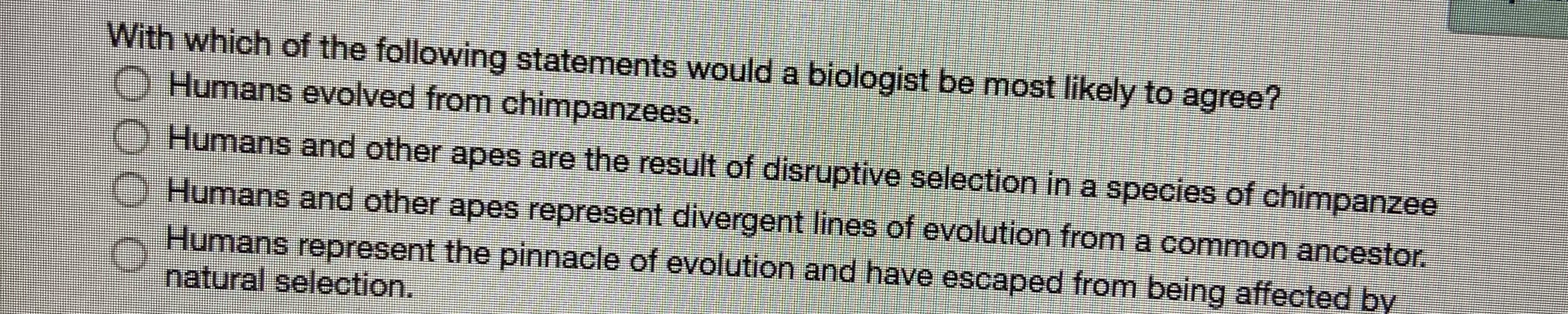 With which of the following statements would a biologist be most likely to agree?
O Humans evolved from chimpanzees.
Humans and other apes are the result of disruptive selection in a species of chimpanzee
O Humans and other apes represent divergent lines of evolution from a common ancestor.
Humans represent the pinnacle of evolution and have escaped from being affected by
natural selection.
