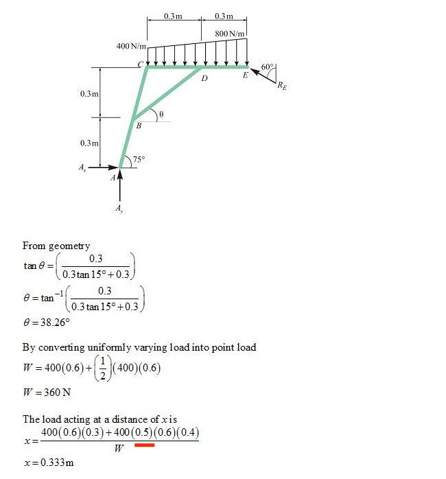 0.3m
0.3 m
800 N/m
400 N/m
60°
E
D
RE
0.3m
B
0.3m
75°
A,
From geometry
0.3
tan e =
0.3 tan 15°+0.3
0.3
e = tan
0.3 tan 15° +0.3
e = 38.26°
By converting uniformly varying load into point load
W = 400(0.6) +(400)(0.6)
W = 360 N
%3D
The load acting at a distance of xis
400(0.6)(0.3)+400 (0.5)(0.6)(0.4)
W
x= 0.333m
