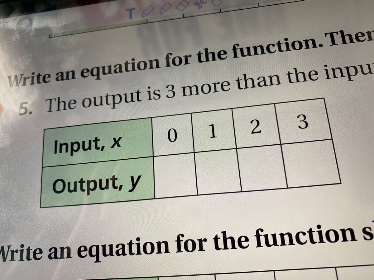 7 Apr 19
TO
Write an equation for the function. Ther
5. The output is 3 more than the inpu
Input, x
0
1
Output, y
Write an equation for the function s
